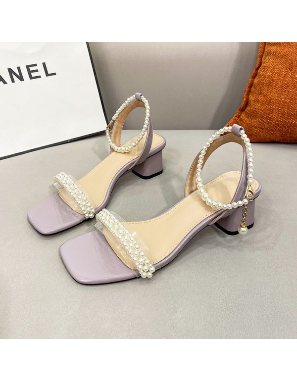 Summer new style square head back empty women's shoes Korean pearl one line belt fairy style sandals net red buckle middle heel sandals 