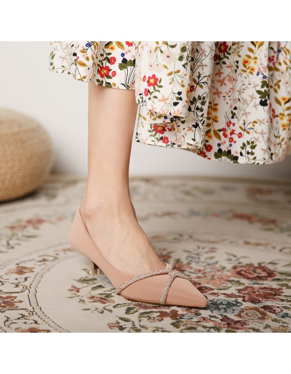 338-19 Korean version cross Rhinestone high heels women's silk satin pointed shallow mouth thin heel middle heel Rhinestone single shoes 2021 spring 