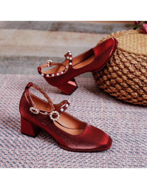 New flower pearl one line buckle high heels women's Retro square head thick heel shoes women's wine red high heels wedding shoes 