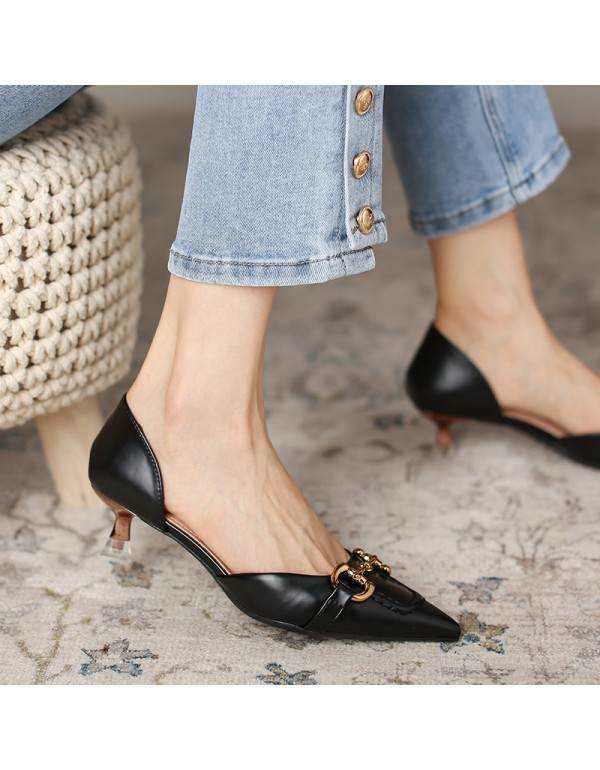 778-53 niche French Roman button hollow high heels women's thin heel middle heel professional single shoe ol temperament 5cm 