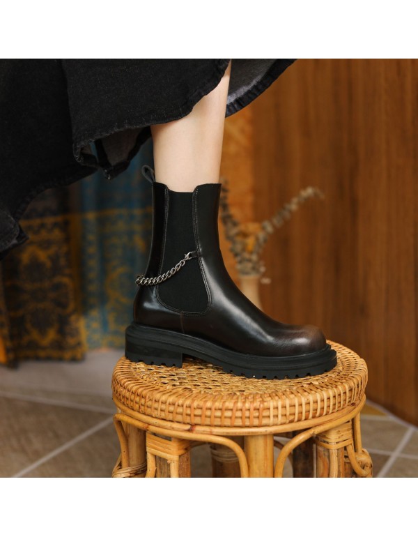 2022 winter new style gradient same Chelsea thick heel chimney boots women's metal chain net red same women's Boots