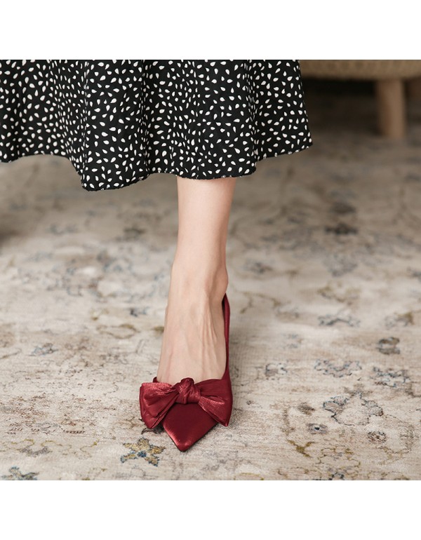 175-21 net red high heels women's spring silk satin red wedding shoes pointed thin heel bow shallow mouth single shoes 