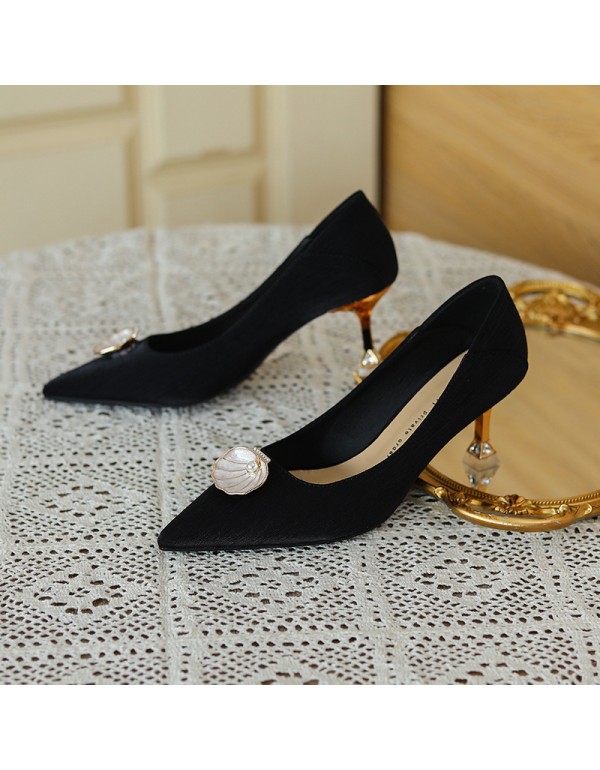 998-10 sheepskin pearl shell high heels women's pointed thin heels 2022 spring hard and versatile, two can step on heels 