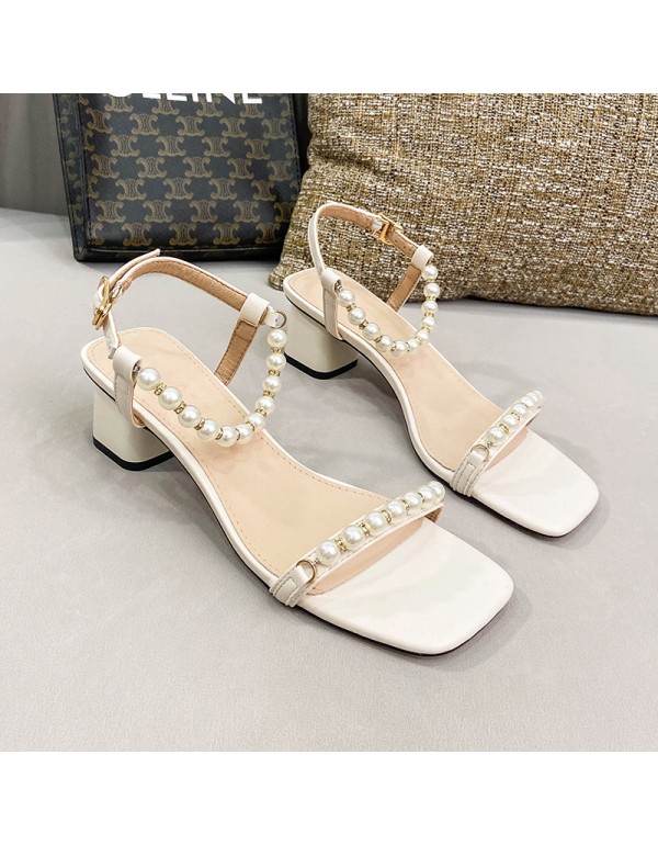Korean pearl one line belt sandals 2022 summer new...
