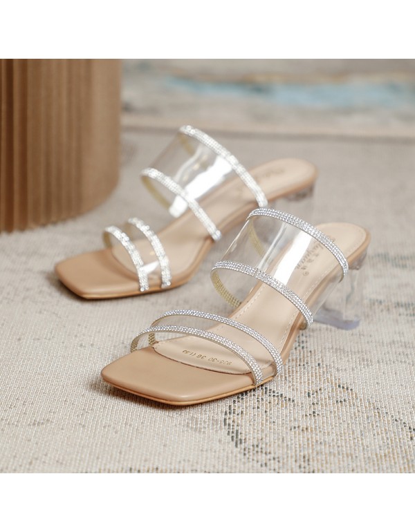 Summer new transparent belt sandals 2022 Korean casual high heels women's square toe shoes with crystal heels