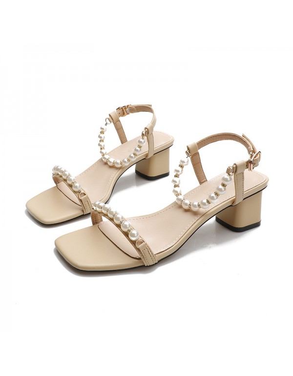 Korean pearl one line belt sandals 2022 summer new style square head open toe women's shoes net Red Fairy style thick heel sandals