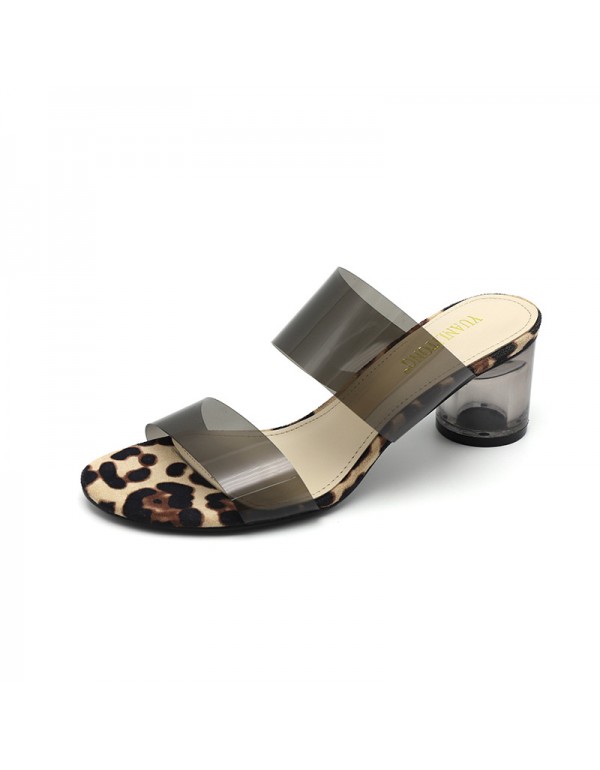 2022 summer new glass high-heeled fashion sandals women's sense leopard print young fashion transparent open toe thick heels women's shoes