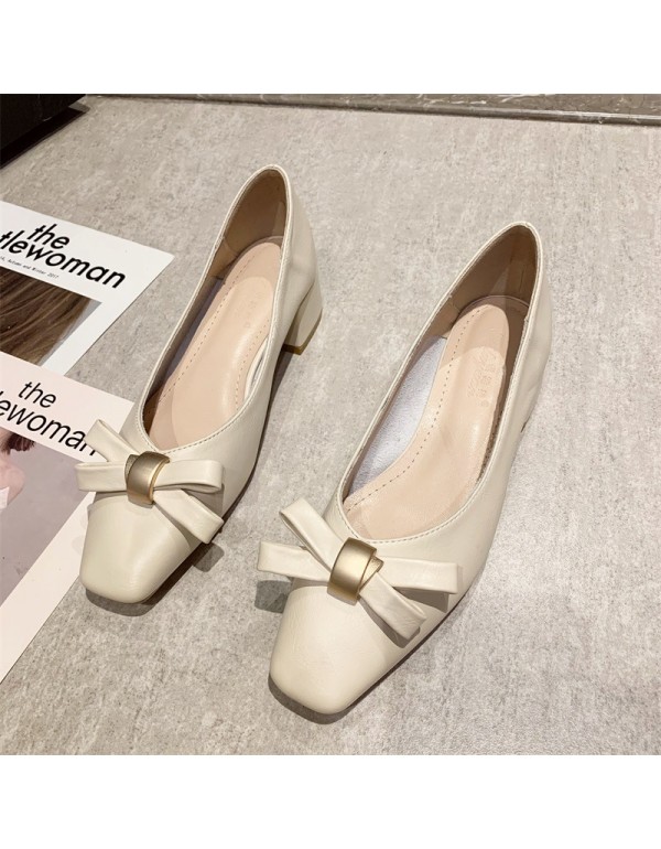 Korean bow high heels women's 2022 spring and summer new square head thick heel shoes simple low heel shoes women