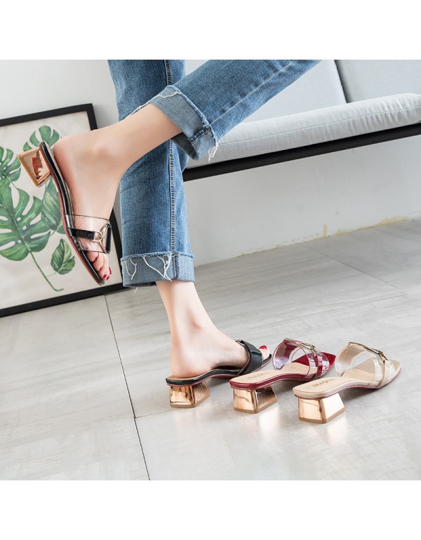 Summer new transparent one line sandals with square head and thick heels wear sandals outside, Korean fairy net red lady slippers 