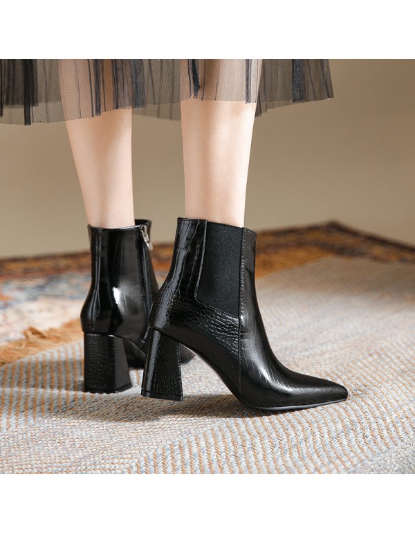 2022 new pointed thick heel elastic boots black super fiber socks boots thin boots high heels middle short boots women's Boots