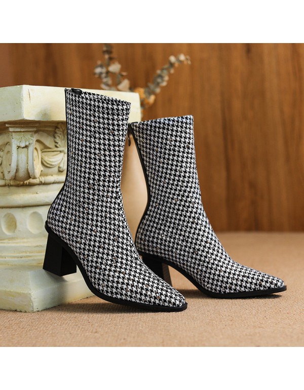 756-7 French thousand bird lattice pointed short boots, women's and nude boots, retro temperament, high heels, celebrity style, thick heels fashion boots 