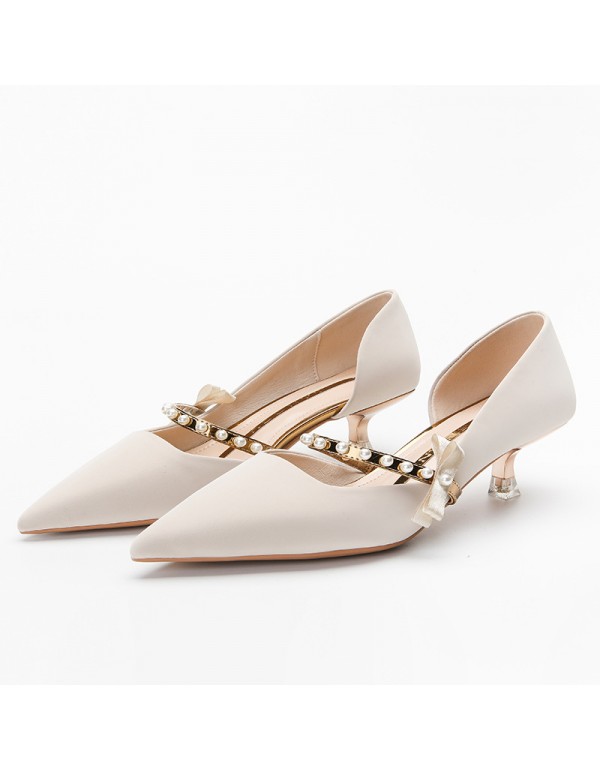 339-15 pearl herringbone belt high heels women's 2021 new spring French pointed single shoes elegant bow 