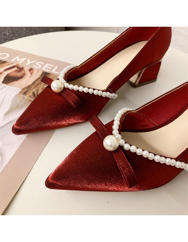 Pearl bow single shoes women's 2022 new Korean thick heel pointed high heels vintage wine red satin wedding shoes