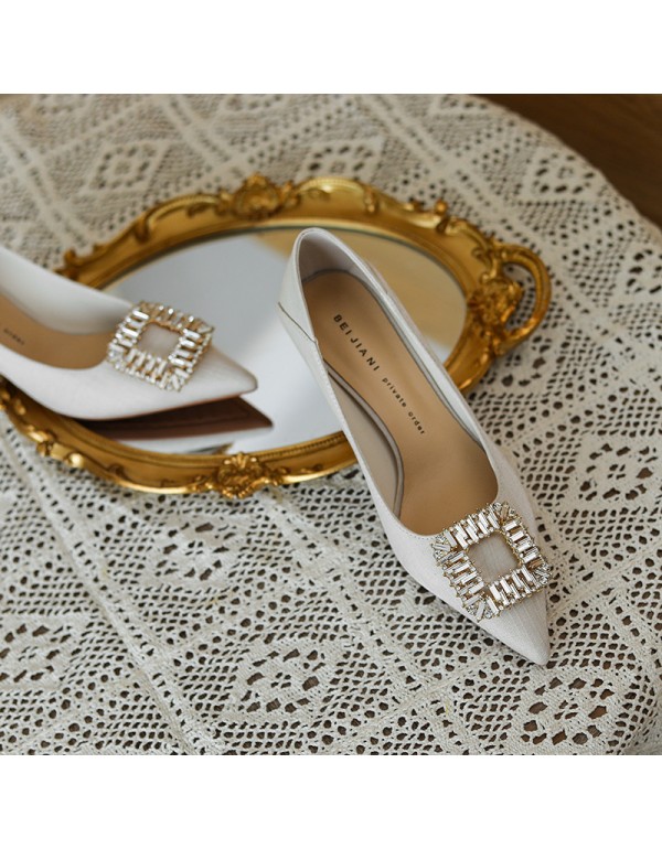 998-6 Rhinestone square buckle high heels women's pointed thin heels shallow mouth temperament single shoes sheepskin wedding shoes Bridesmaid shoes heel stepping 