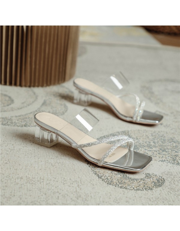 Fairy line with transparent Rhinestone sandals 2022 summer new style square head sandals women's shoes metal mirror high heels