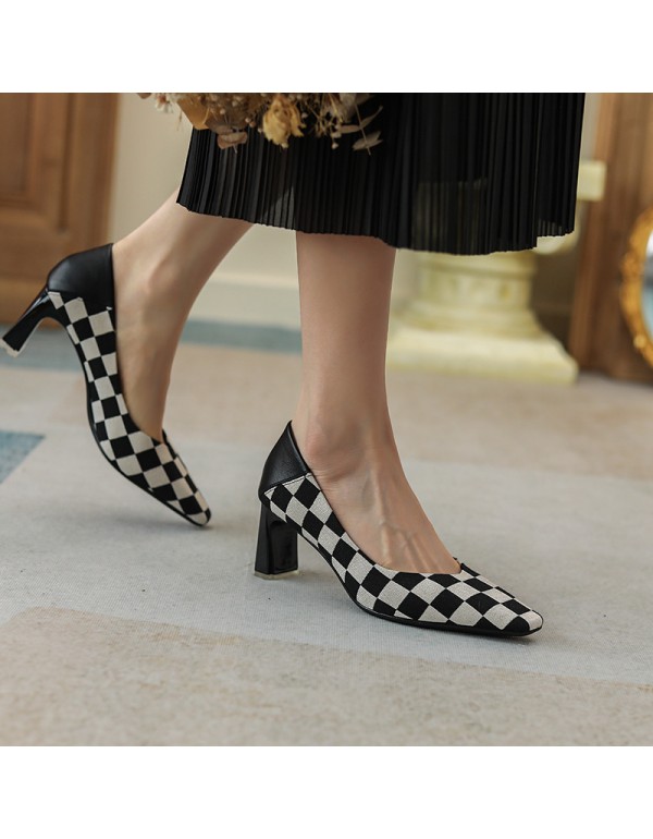 288-2 lattice color matching retro sheepskin high heels women's small square head thick heel shoes niche design high sense 