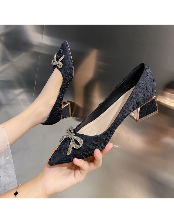 Temperament Rhinestone bow silk satin single shoes women's 2022 new pointed middle heel single shoes Korean professional high heels