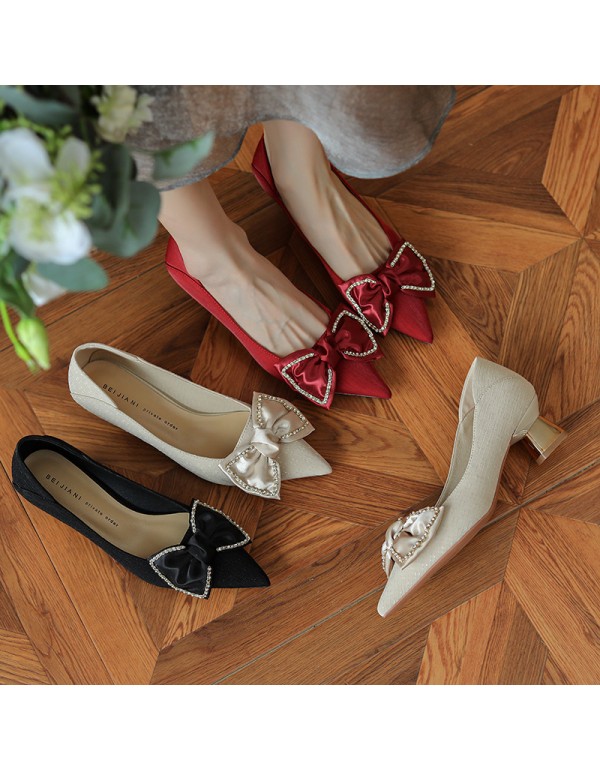 568-15 Rhinestone bow high heels women's pointed thick heel single shoes wedding shoes Bridesmaid shoes Xiuhe shoes sheepskin heel 