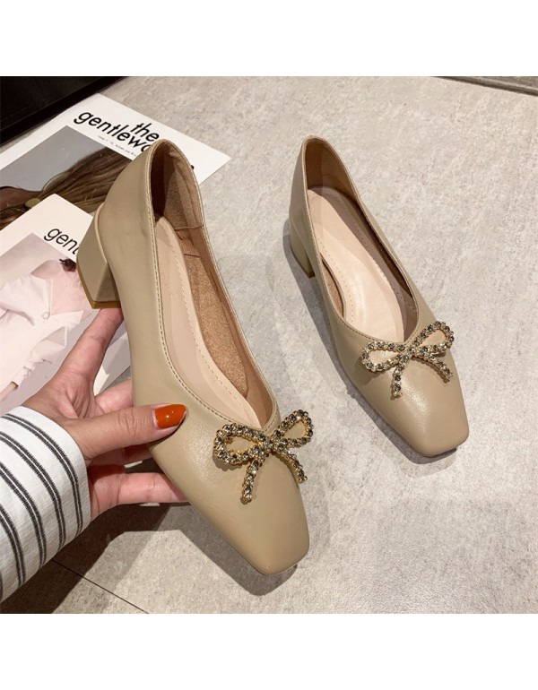 Korean version Rhinestone bow high heels women's 2022 spring and summer new style square head single shoes women's simple thick heel shoes