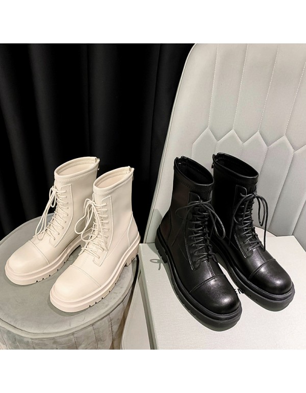 2022 autumn and winter new British style round head thick soled Martin boots front lace up middle tube elastic fashion motorcycle boots women's shoes