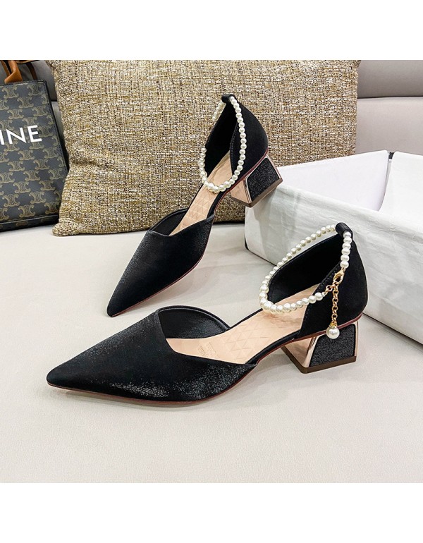 2022 summer new side air thick single shoes Korean version pointed temperament high heels net red shallow mouth hollow single shoes women