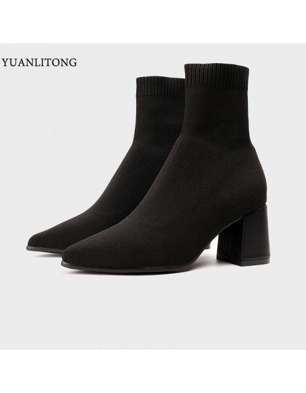 2022 new fashion thick heel pointed fashion socks boots fashion women's shoes high heels casual women's flying woven short boots