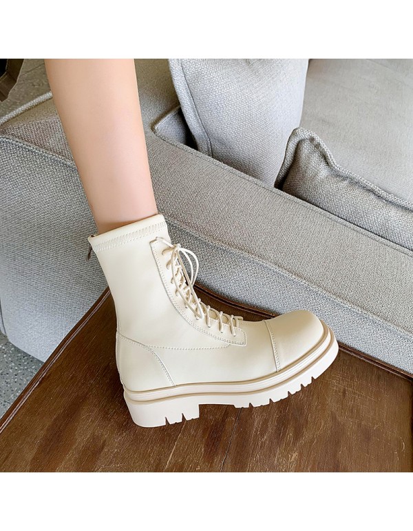 2022 autumn and winter new British style round head thick soled Martin boots front lace up middle tube elastic fashion motorcycle boots women's shoes