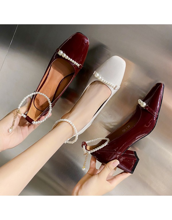 Pearl one line belt Mary Jane shoes women's 2022 new French thick heel Mary Jane shoes pearl belt high-heeled single shoes