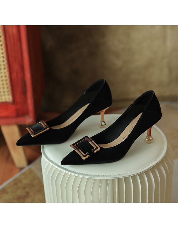 998-3 net red French girls' soft leather high heels thin heels pointed temperament buckle work single shoes two wear heel
