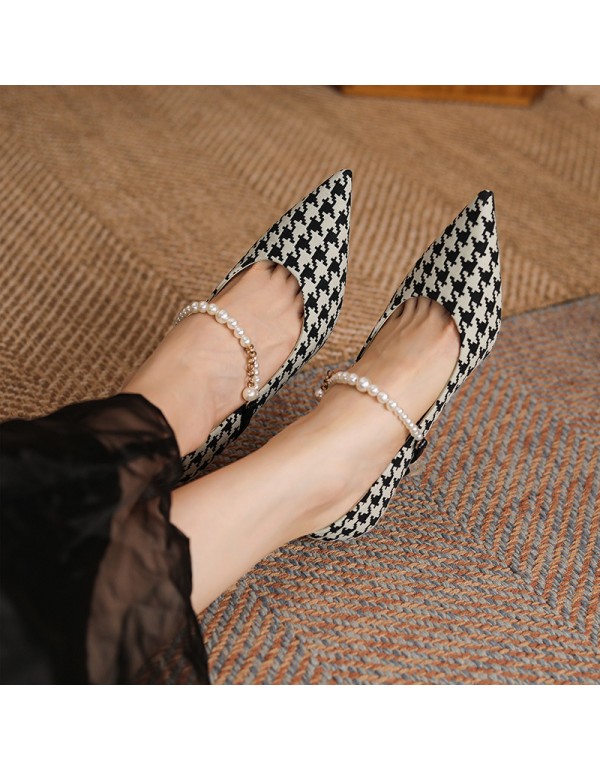 999-14 sheepskin French high heels women's pointed thin heels temperament thousand bird lattice color matching light mouth single shoes 8cm autumn 