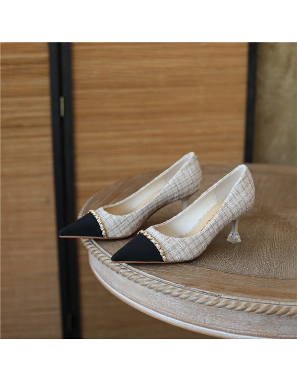 998-2 xiaoxiangfeng sheepskin gold chain pointed shallow mouth high-heeled shoes tweed thin heel temperament single shoes 2022 spring 