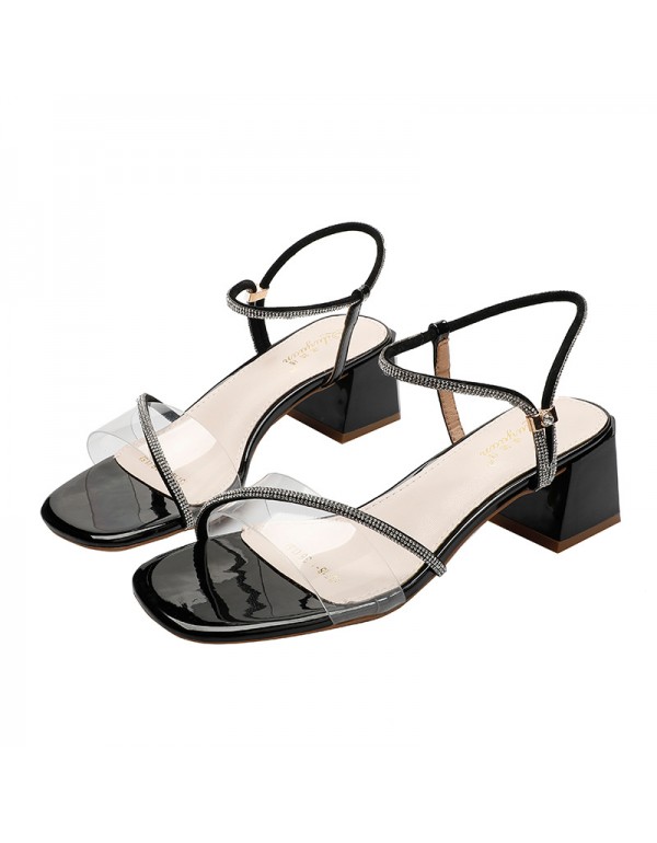 Summer 2022 new sandals temperament Korean style high heels one line with crystal and thick heels casual women's shoes