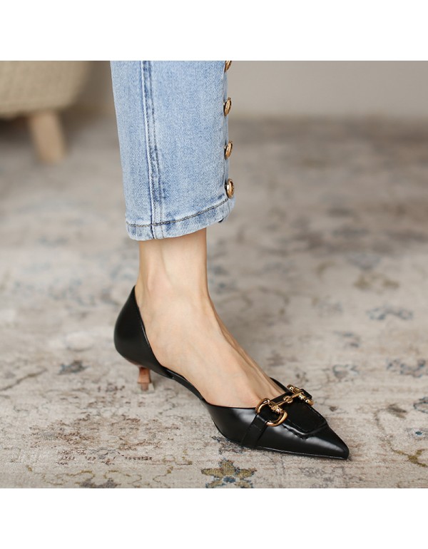 778-53 niche French Roman button hollow high heels women's thin heel middle heel professional single shoe ol temperament 5cm 