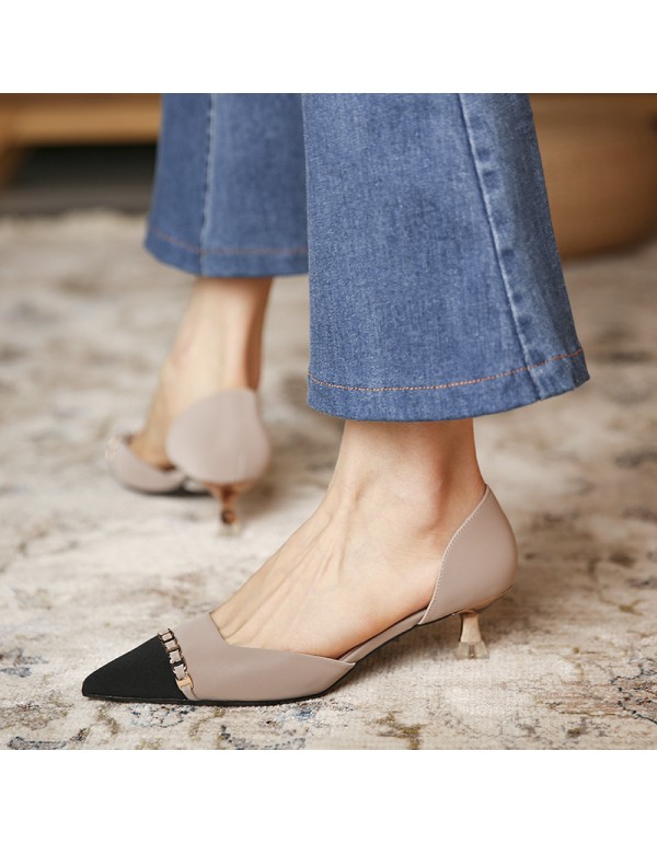 778-19 leisure retro taro color high heels women's pointed thin heel medium heel single shoes hollow metal decoration 