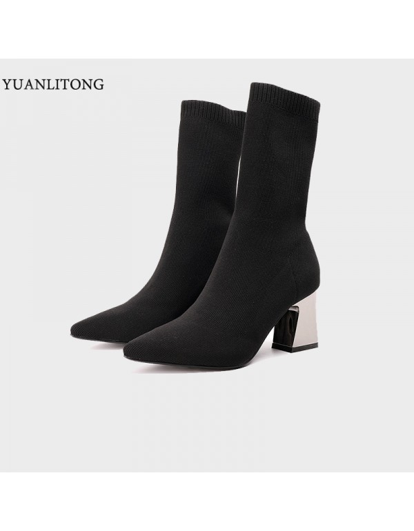 2022 square thick heel pointed fashion socks Boots Black 7cm high heel casual women's short boots from the source factory