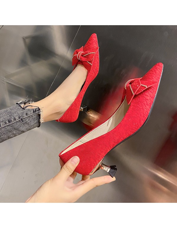 Fairy style bow high-heeled shoes female 2022 autumn new wine cup heel shoes female Korean version low heel shallow mouth single shoes