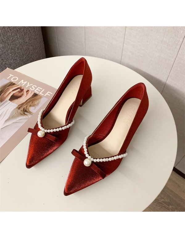 Pearl bow single shoes women's 2022 new Korean thick heel pointed high heels vintage wine red satin wedding shoes