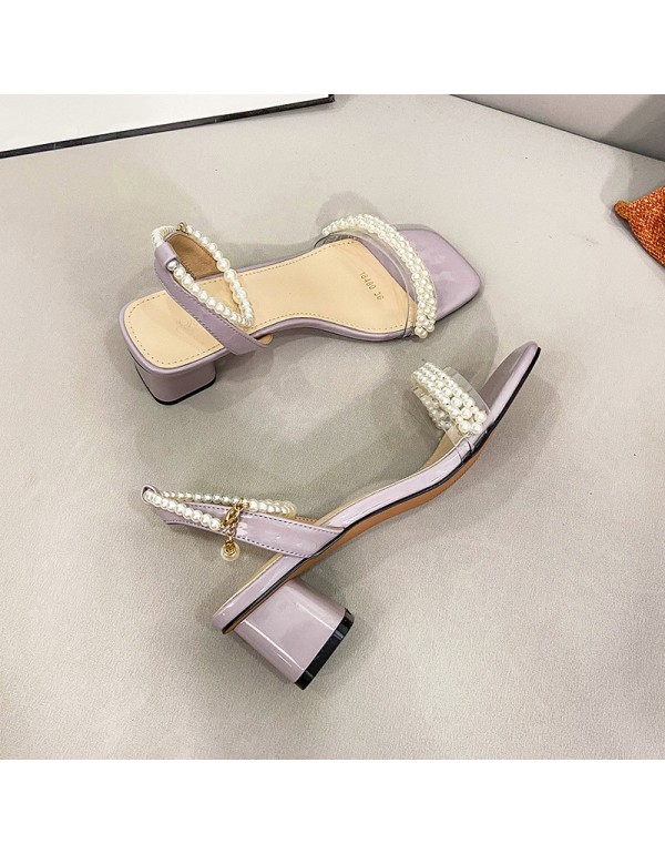Summer new style square head back empty women's shoes Korean pearl one line belt fairy style sandals net red buckle middle heel sandals 
