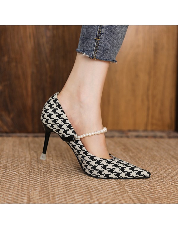 999-14 sheepskin French high heels women's pointed thin heels temperament thousand bird lattice color matching light mouth single shoes 8cm autumn 