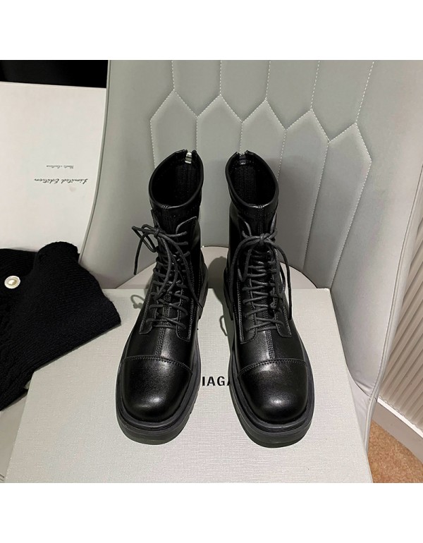 2022 autumn and winter new British style round head thick soled Martin boots front lace up middle tube elastic fashion motorcycle boots women's shoes