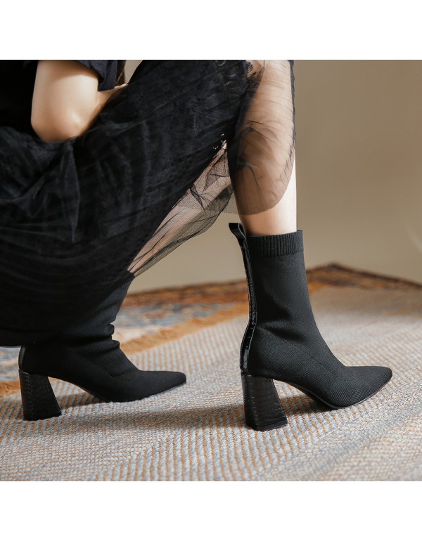2022 new net red thin pointed thick heel elastic Boots Black Satin socks boots thin boots high heels women's Boots