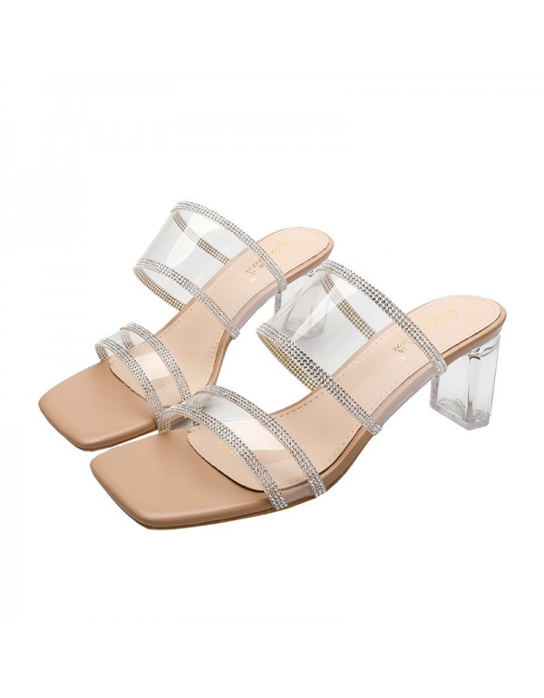 Summer new transparent belt sandals 2022 Korean casual high heels women's square toe shoes with crystal heels