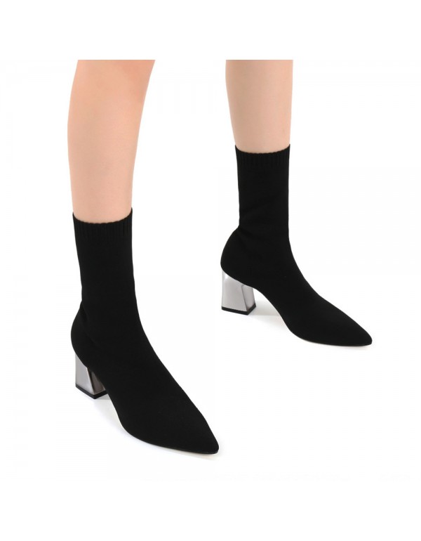 2022 square thick heel pointed fashion socks Boots Black 7cm high heel casual women's short boots from the source factory