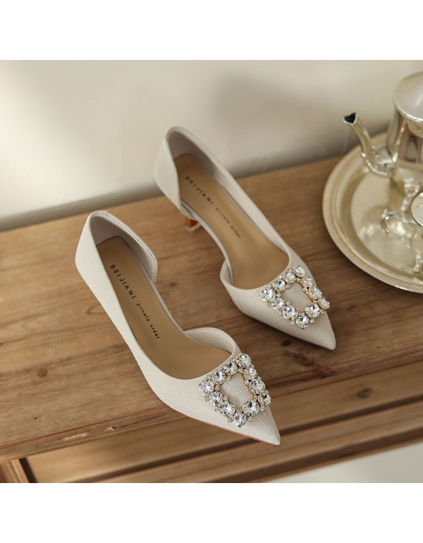 275-3 thin heel single shoes with skirt women's pointed shallow mouth high heels wedding shoes Bridesmaid shoes Rhinestone square buckle side space 