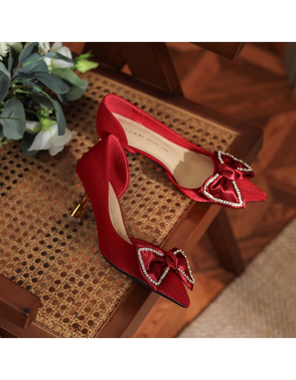 275-5 Rhinestone bow pointed high heels women's wedding shoes wedding show Wo shoes fairy temperament silk single shoes 