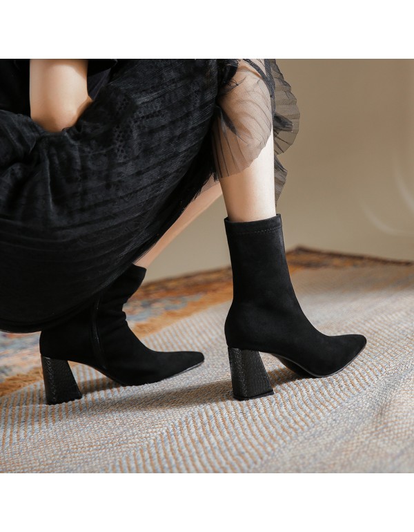 Yuanlitong 2022 winter new SW square head square heel elastic short boots women's socks boots bare boots autumn pointed head thin women's Boots