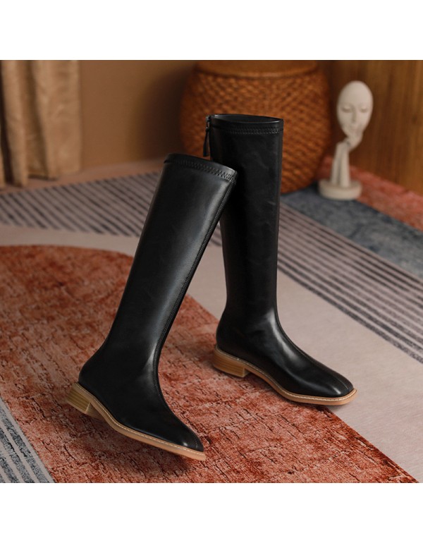 2022 winter new fashion Knight boots solid color daily wear high tube women's boots thick heel net red square head elastic boots