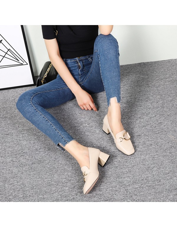 2022 spring fashion new metal buckle leisure high-heeled leffer shoes thick heel popular square head women's shoes