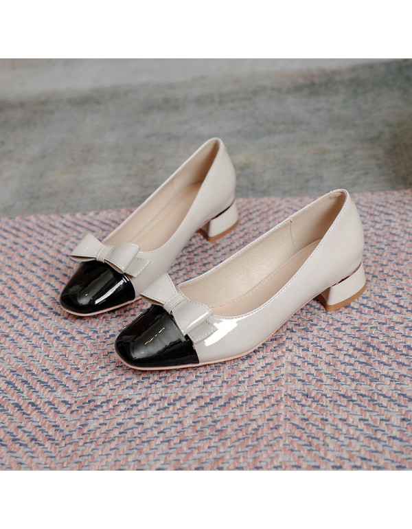 New style square bow high-heeled single shoes women's Korean temperament thick heeled high-heeled shoes color matching commuter work women's shoes 