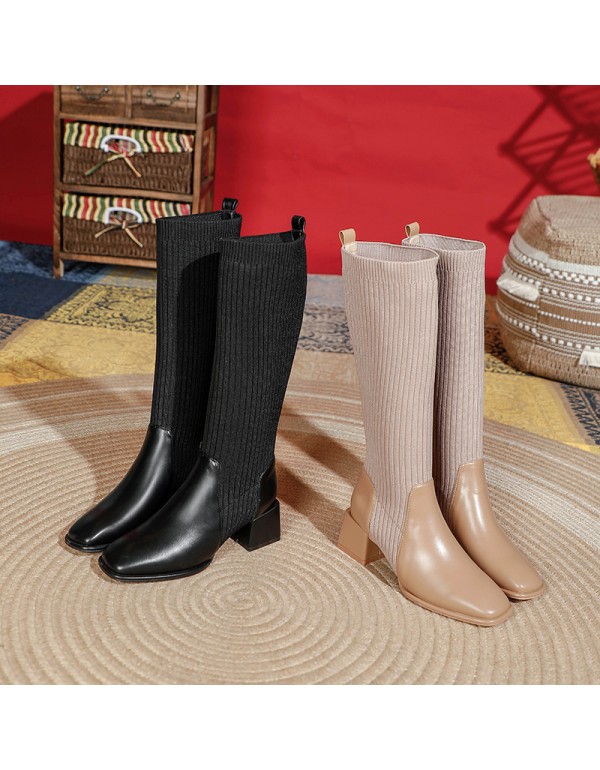 Long boots women's 2021 autumn new British style elastic thin boots retro square head thick heel less than knee women's Boots